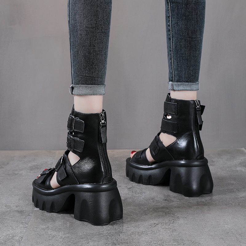 Sandal hở mũi nữ da bò cao gót 9 cm quai khóa xỏ ngón — màu đen
