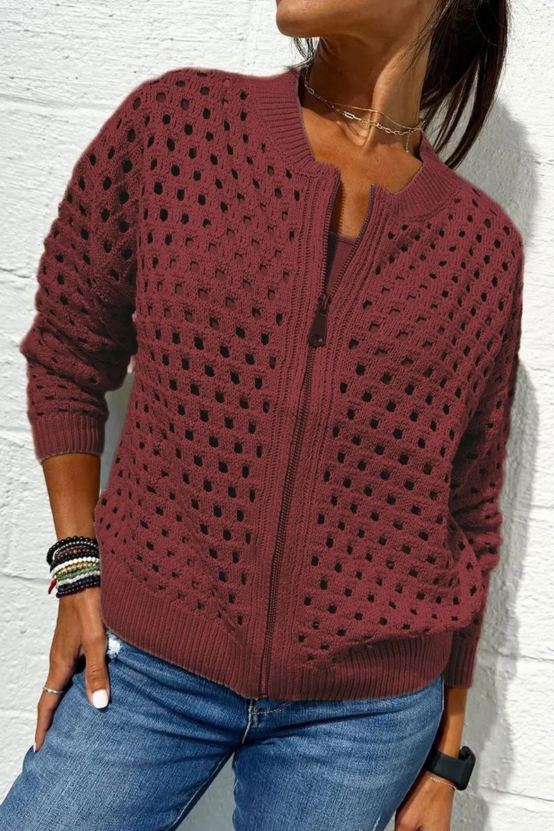 2026 nueva estación independiente de Amazon Europa y Estados Unidos ropa de mujer casual jersey hueco chaqueta con cremallera de punto chaqueta de mujer