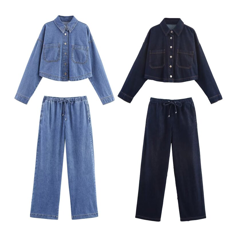 Wholesale European and American Style Women's High-Quality Pure Cotton Long-Sleeved Short Denim Shirt Drawstring Wide-Leg Denim Trousers Suit Wholesale European and American Style Women's High-Quality Pure Cotton Long-Sleeved Short Denim Shirt Drawstring Wide-Leg Denim Trousers Suit
