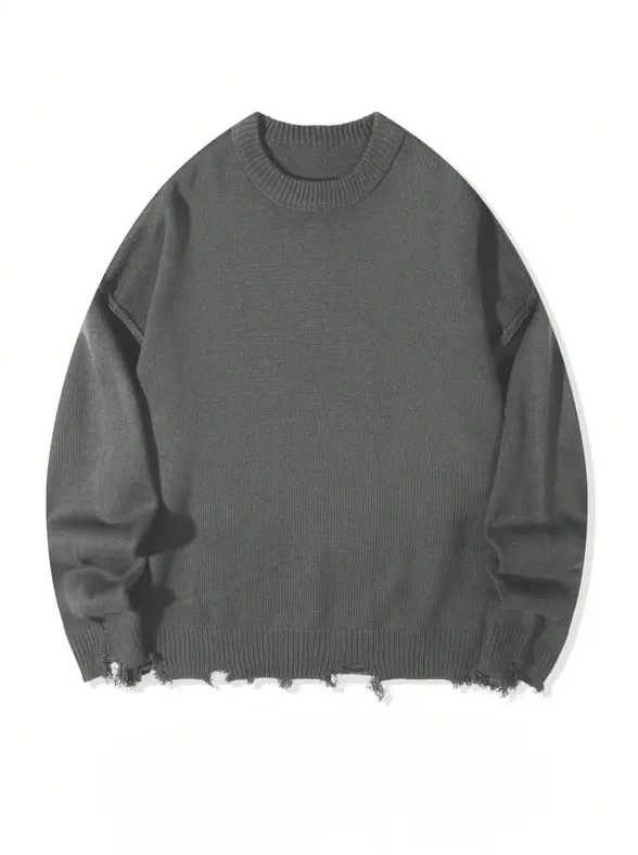 Cross-border retro americano otoño invierno perezoso suéter de cuello redondo para hombres Harajuku bordes de lana sueltos camisetas de punto casuales