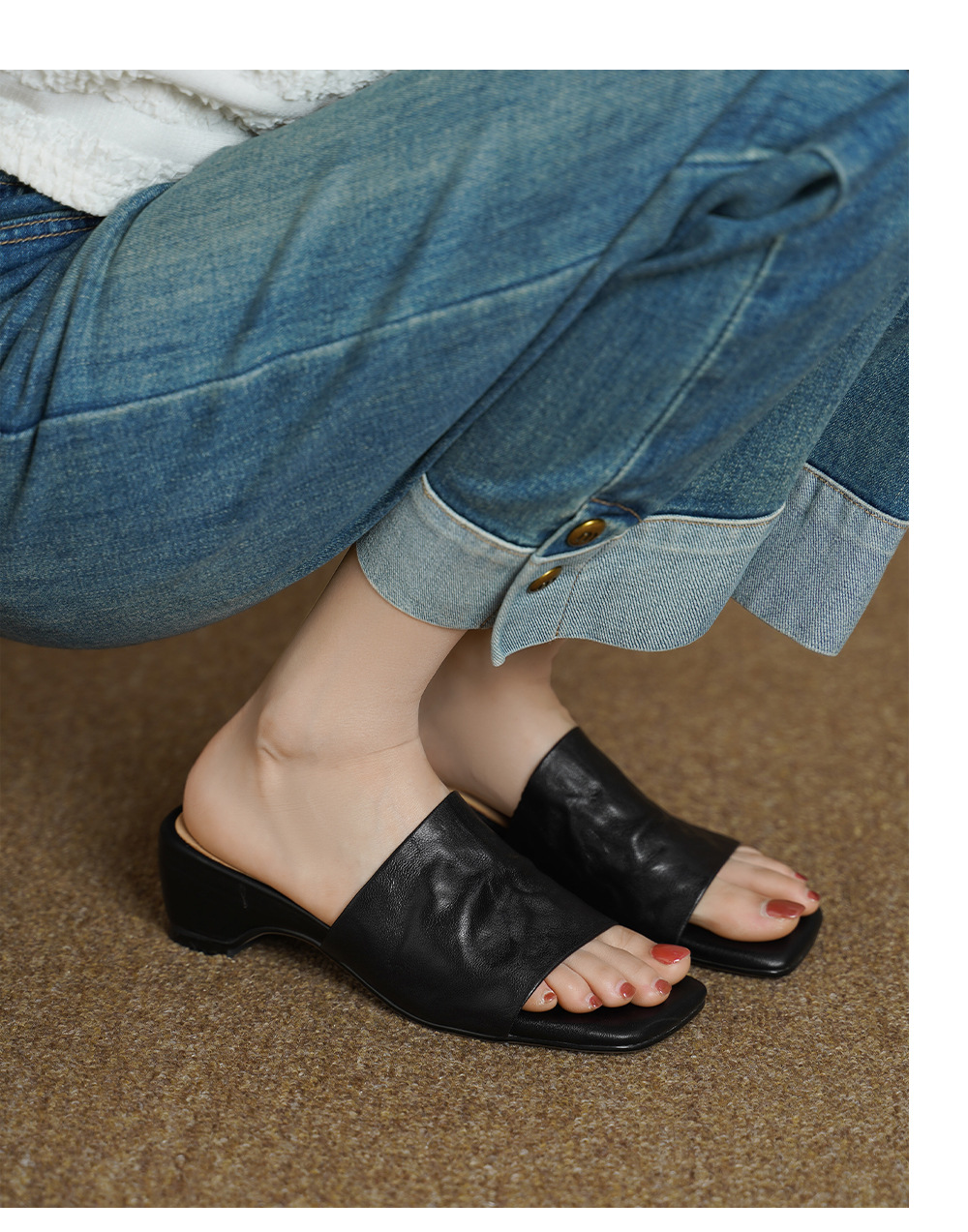 Sandal nữ da cừu lộ ngón chân quai chữ V phong cách Hàn Quốc — đen chi tiết 5