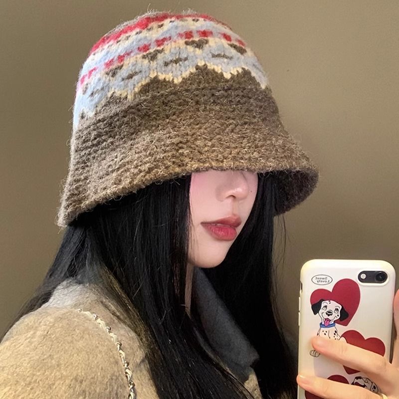 复古提花针织渔夫帽子女秋冬韩系大头围盆帽保暖护耳显脸小毛线帽|undefined