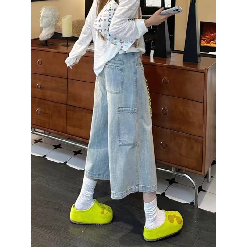 Ripped Jeans for Women, Summer New Style, Pear-Shaped Figure, High Waist, Slimming, Large Size Design, Workwear, Wide-Leg Cropped Pants