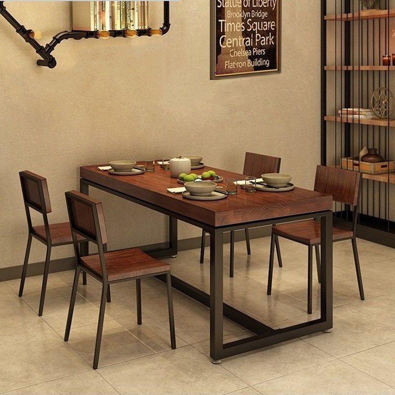 Industrial Style Iron Solid Wood Fast Food Restaurant Dining Table and Chair Combination Modern Rectangular Hotel Restaurant Noodle Shop Bar Table