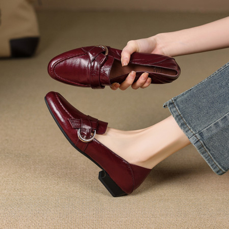 Retro Burgundy Genuine Leather Loafers, Flat Low-Heeled Chunky Heel British Style Round-Toe Women's Shoes for Spring