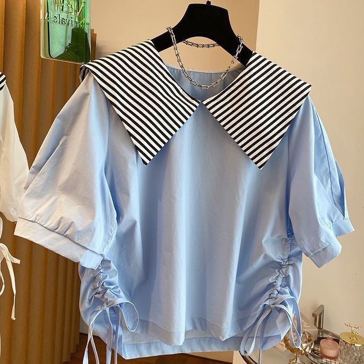 Wholesale Designer-Inspired Niche Striped Turn-Down Collar Drawstring Hem Shirt for Women, Short Babydoll Shirt with Sailor Collar Top