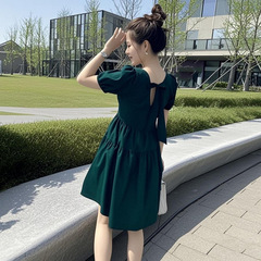 连衣裙女2025夏新款韩版中长款法式宽松方领赫本风蝴蝶结裙子显瘦