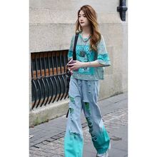 欧洲站2025夏季新款洋气百搭休闲圆领T恤女时尚高腰牛仔裤两件套