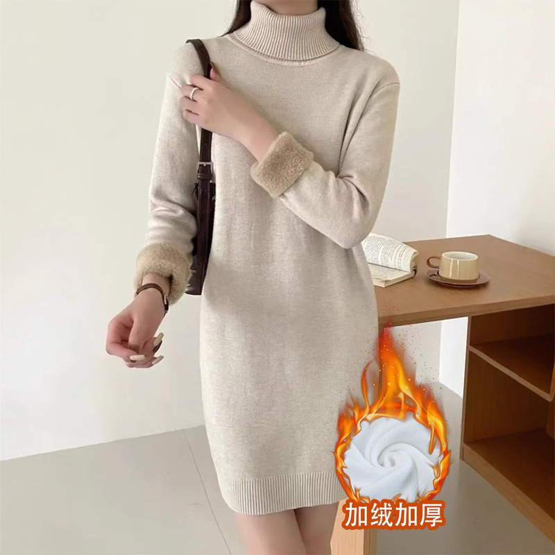 fleece-lined Thickened One-piece Velvet Warm Base Shirt for Autumn and Winter Knitted Sweater Women's Turtleneck Long Sleeve Mid-length dress