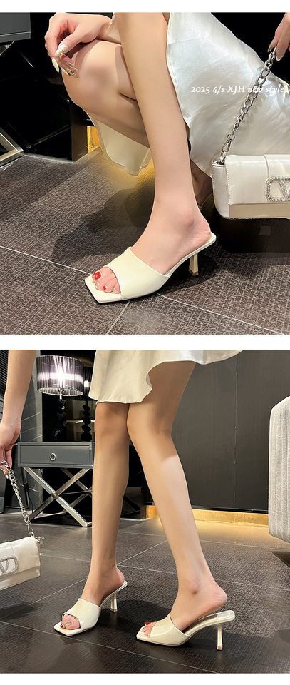 Dép sandal nữ quai ngang mũi vuông hở ngón gót 7 cm — Màu bạc, Màu da báo, Màu hồng, Màu trắng be chi tiết 12
