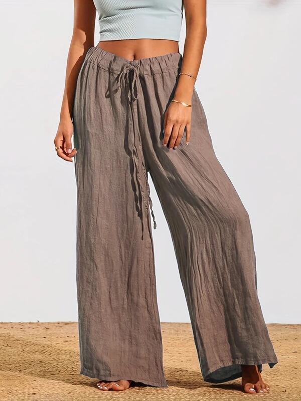 2024 European and American Cross-Border Autumn Cotton Casual Pants for Women, Loose, Soft, Drawstring Wide-Leg Pants, Solid Color Slit Straight-Leg Pants