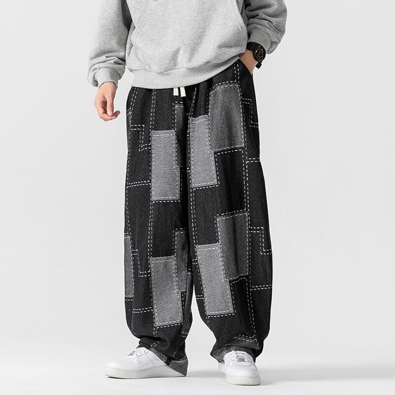 Fall/winter plus size Japanese retro loose wide leg straight casual pants patch jacquard jeans tide H812/P65 Fall/winter plus size Japanese retro loose wide leg straight casual pants patch jacquard jeans tide H812/P65