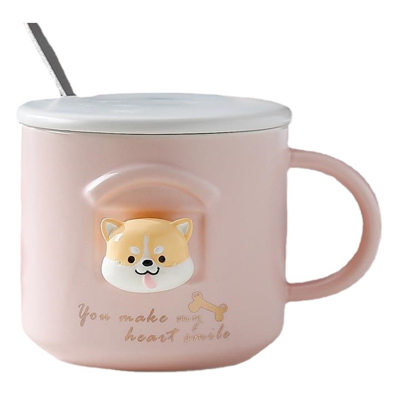 Tridimensional Shiba Inu Taza de cerámica de dibujos animados lindo perro Akita taza con tapa cuchara estudiante Oficina taza de agua en el hogar pareja