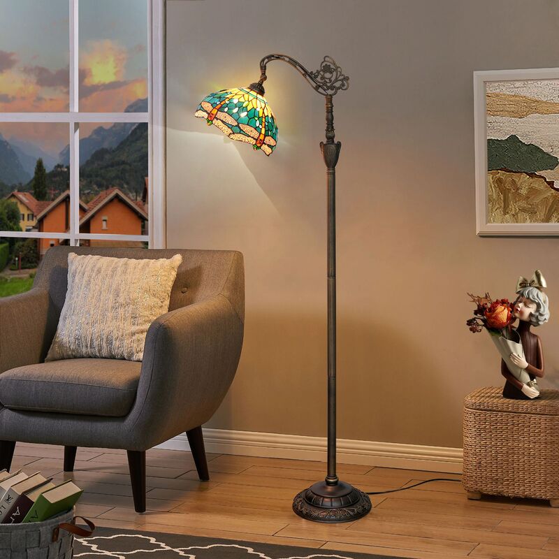 European Tiffany Bohemian Style 12inch Green Background Dragonfly Floor Lamp Indoor Lighting Soft Light Arch Gooseneck