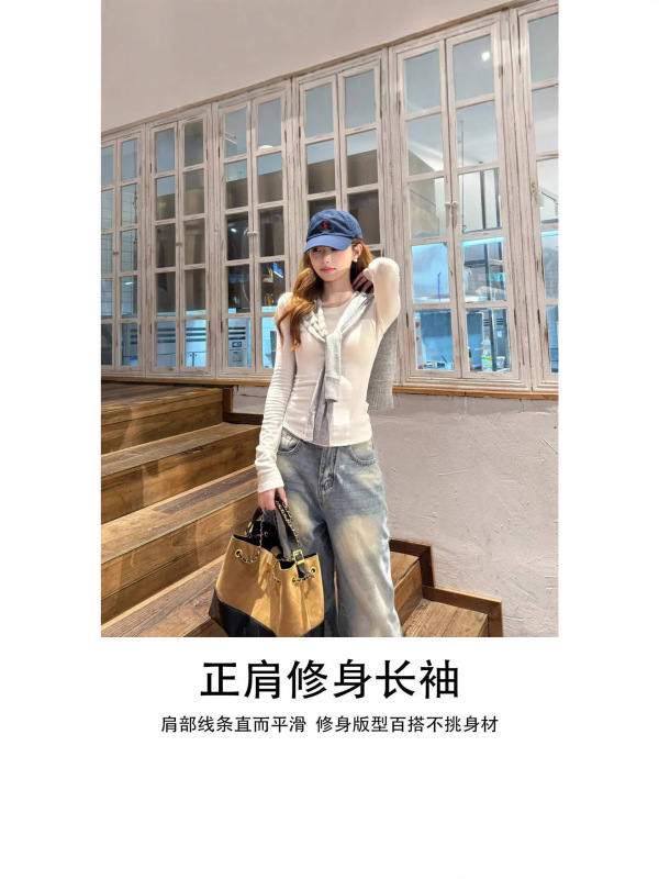 白色内搭打底衫女秋冬季2025新款韩系早秋正肩t恤修身长袖上衣短|undefined