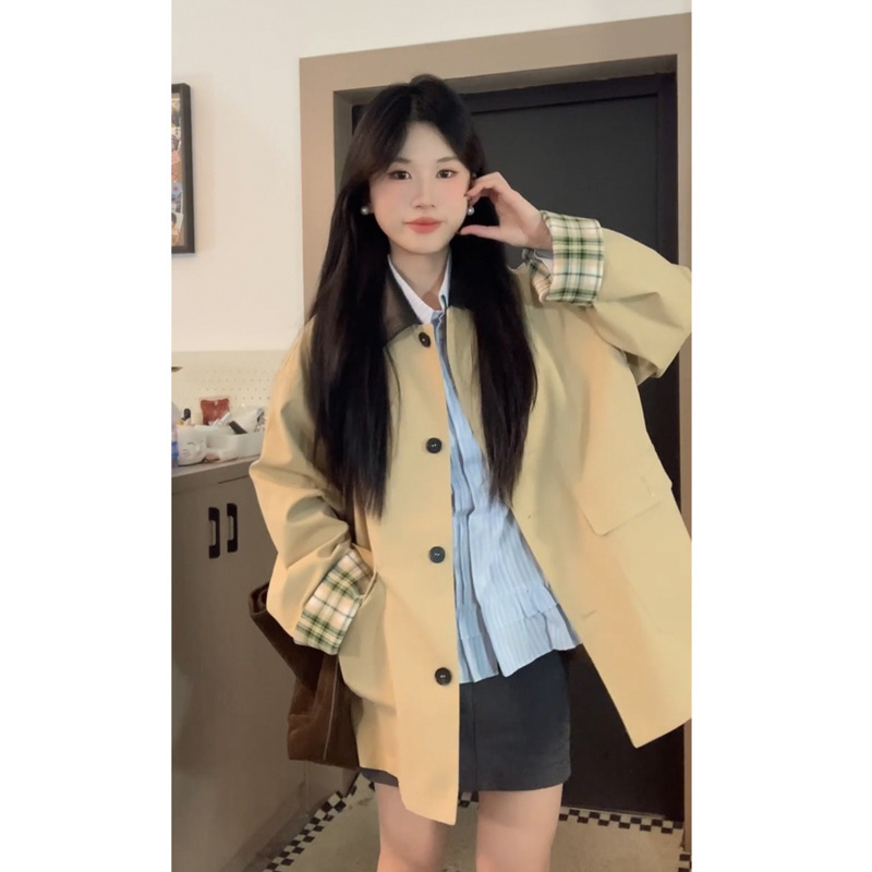 韩系撞色格纹拼接爆款风衣外套女2025春秋季新款小个子高级感短款|undefined