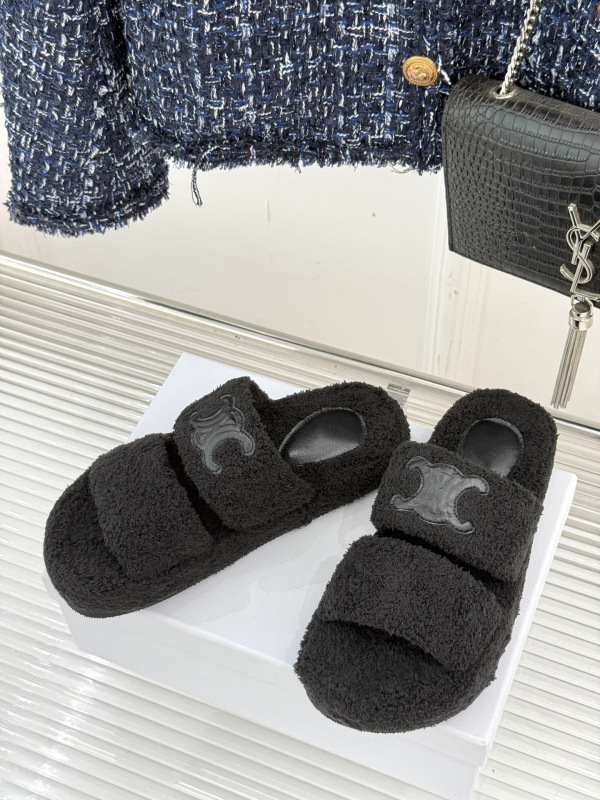 广州高品质~25新款凯旋门毛毛拖鞋女羊羔毛一体厚底休闲一字拖鞋|undefined