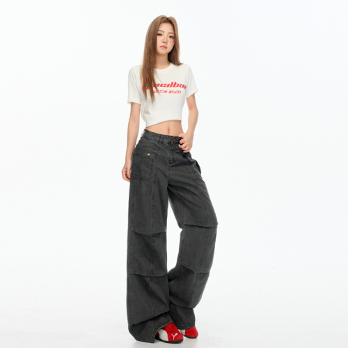 2025 135 Items Carbon Grey American Retro Design Pouch Work Pants for Men and Women Loose High Street Straight Leg Casual