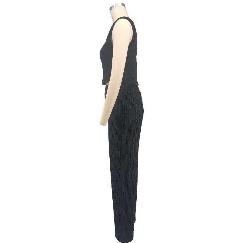 Women's Sleeveless Round Neck Solid Color Top & Long Pants Set - Breathable Polyester Spandex Blend - Casual Office Wear - Black/Maroon (S-XXL)_ecoleips.com