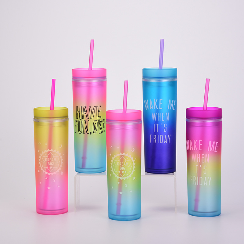 New Gradient Rainbow Color Water Cup Straight Double Plastic Straw Cup display picture 2