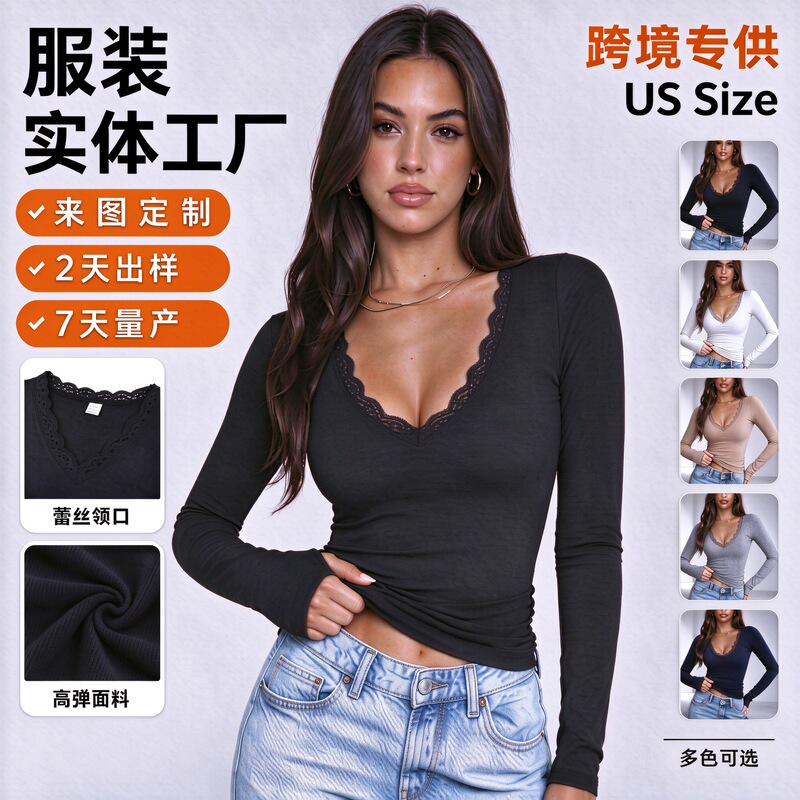 Early autumn pure desire V-neck lace trim long-sleeve top for women, slim fit, stretchy, waist-exposed, sexy base layer for outerwear Early autumn pure desire V-neck lace trim long-sleeve top for women, slim fit, stretchy, waist-exposed, sexy base layer for outerwear