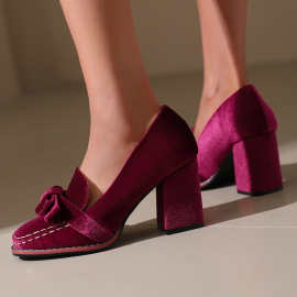 金丝绒面料女高跟鞋方头粗跟高跟蝴蝶结套脚甜美单鞋女跨境速卖通