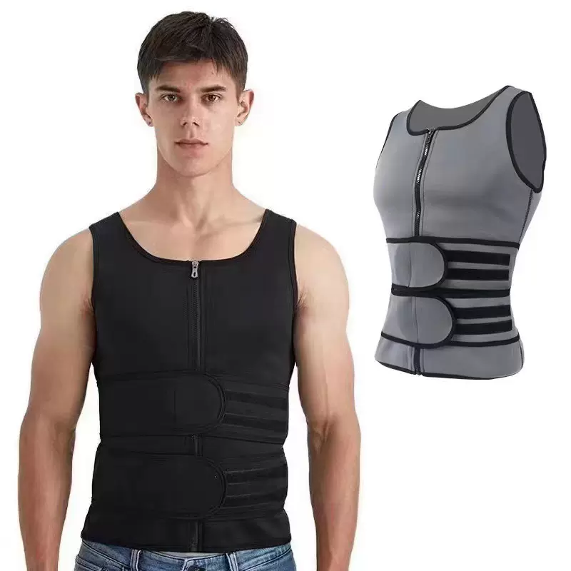 跨境新款男士运动健身塑身衣氯丁橡胶暴汗收腹束身背心双腰带加固