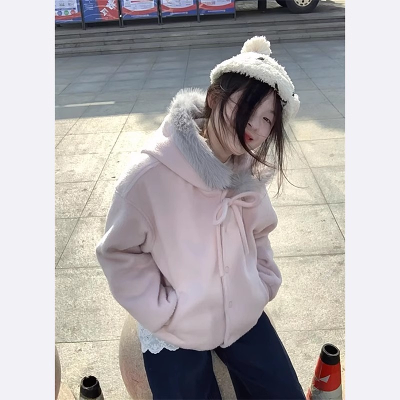 2025春秋新款温柔甜美粉色毛领连帽毛呢外套女韩系学院风卫衣夹克|undefined