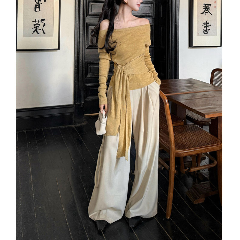 2025 Spring New Autumn Style French Style Elegant Slant Collar Long Sleeve Base Shirt Strap Waist White Top Women