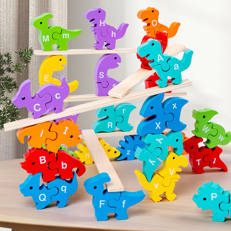 Wooden Animal jengle case and case letters cognitive dinosaur puzzle Enlightenment parent-child interactive balance game toy