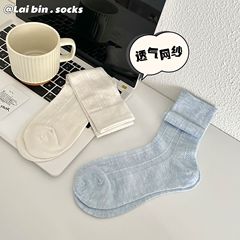 ins韓國夏天愛心鏤空網眼軟軟透透配小銀鞋薄款甜美純色白色襪子