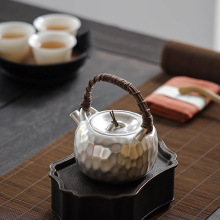 鎏银壶手工999银锤打纹提梁壶日式瓷胎茶壶家用功夫茶具泡茶单壶