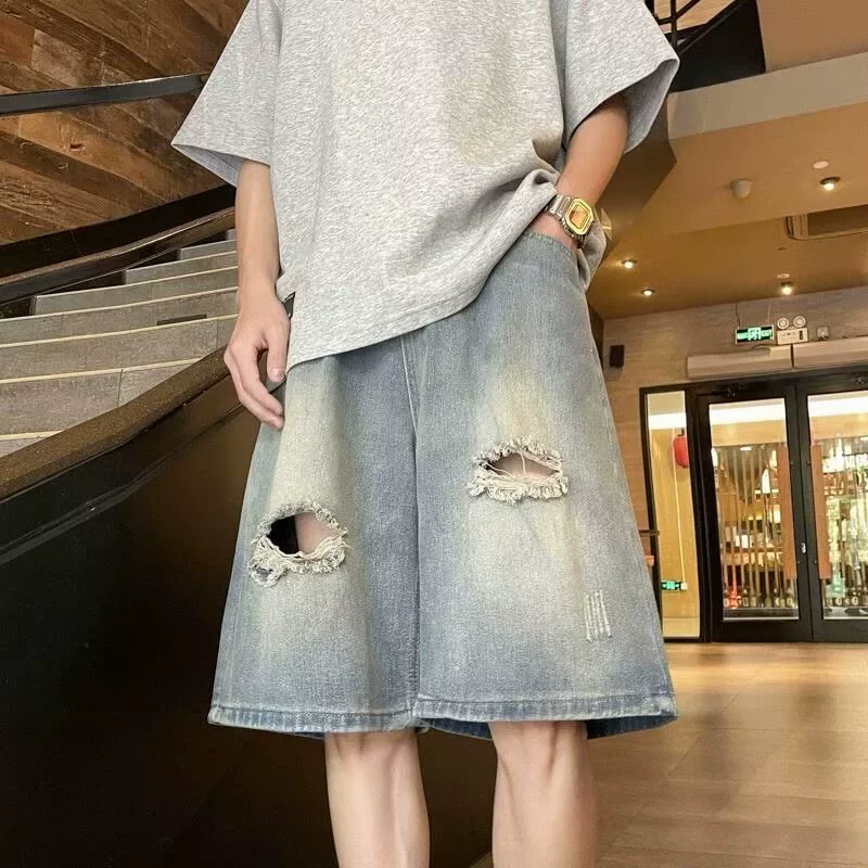 Новые летние мужские джинсовые шорты в американском стиле, потертые джинсовые шорты, мужские модные повседневные рваные широкие укороченные брюки