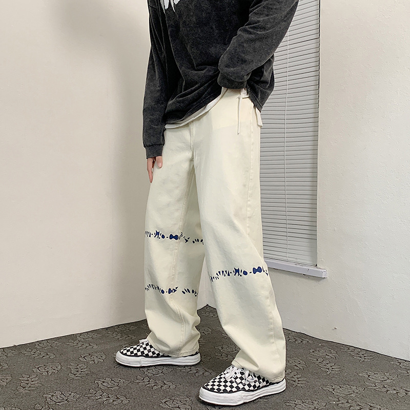 Autumn and Winter Trendy Brand Jeans for Men, Casual Printed Straight-Leg Pants, Hong Kong Style Wide-Leg Bf Floor-Length Pants, Stylish Hong Kong Style