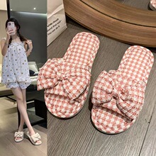 新款蝴蝶结平底亚麻拖鞋女显瘦外穿室内两用超轻超软格格四季拖鞋