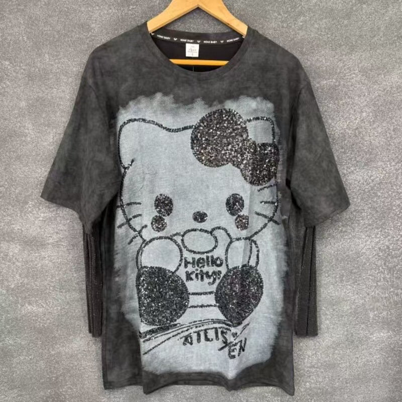 Xpsj 150kg Women's Spring and Autumn Hello Kitty Cat Sequin Fake Two-Piece Long Sleeve T-Shirt Pullover Top