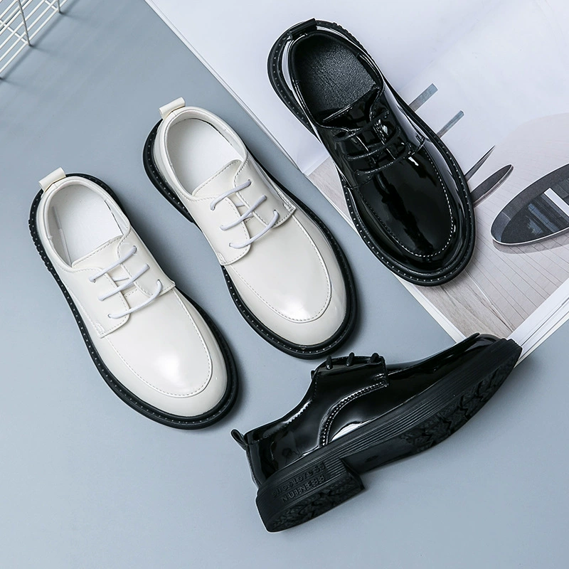 Трансграничная детская кожаная обувь из лакированной кожи в британском стиле, простая кожаная обувь на резиновой подошве с круглым носком на шнуровке, большая сценическая обувь для мальчиков