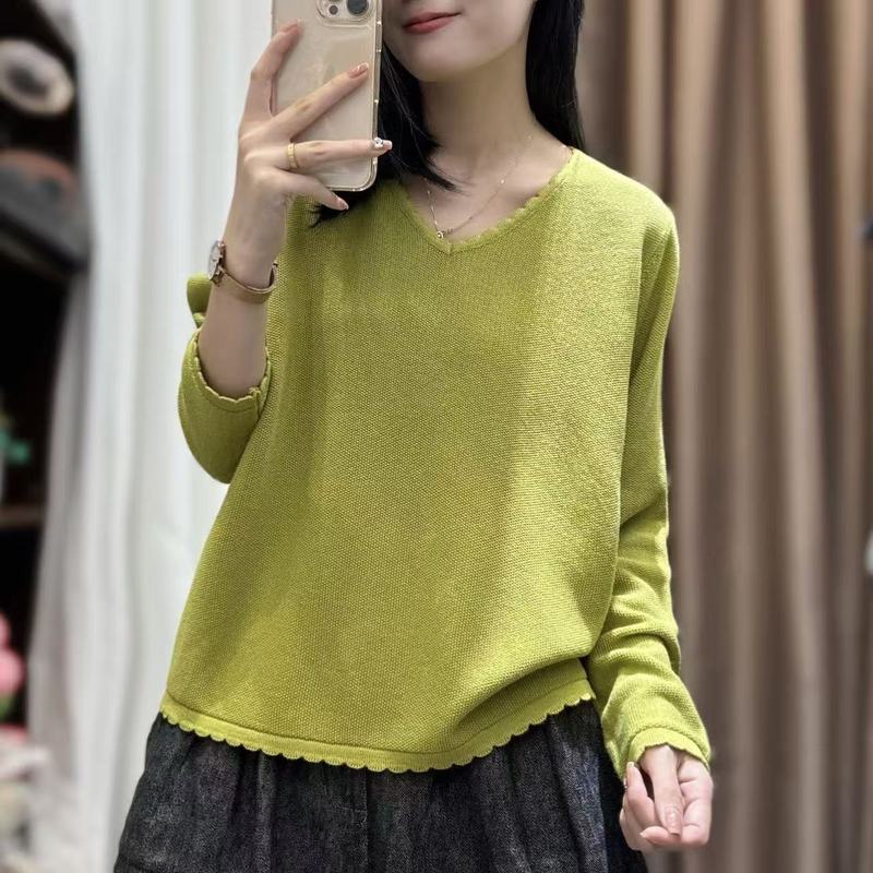 2025秋韩版宽松简约V领波浪边纯色套头针织衫百搭毛衣上衣女0820|undefined