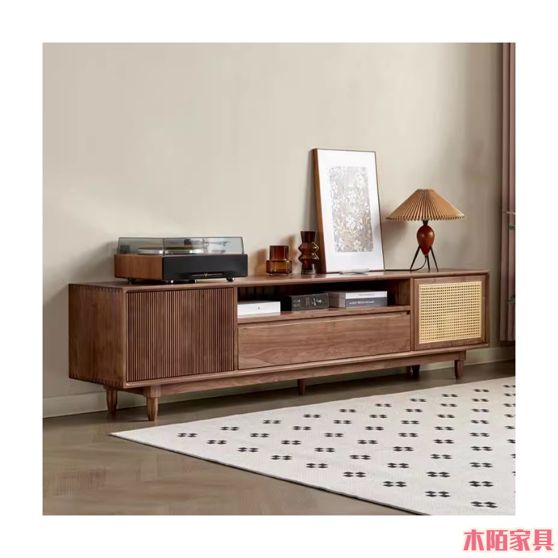 Storage Cabinet North American Black Walnut Tv Cabinet Coffee Table Combination Retro Style Living Room Solid Wood Floor-Standing Tv Cabinet