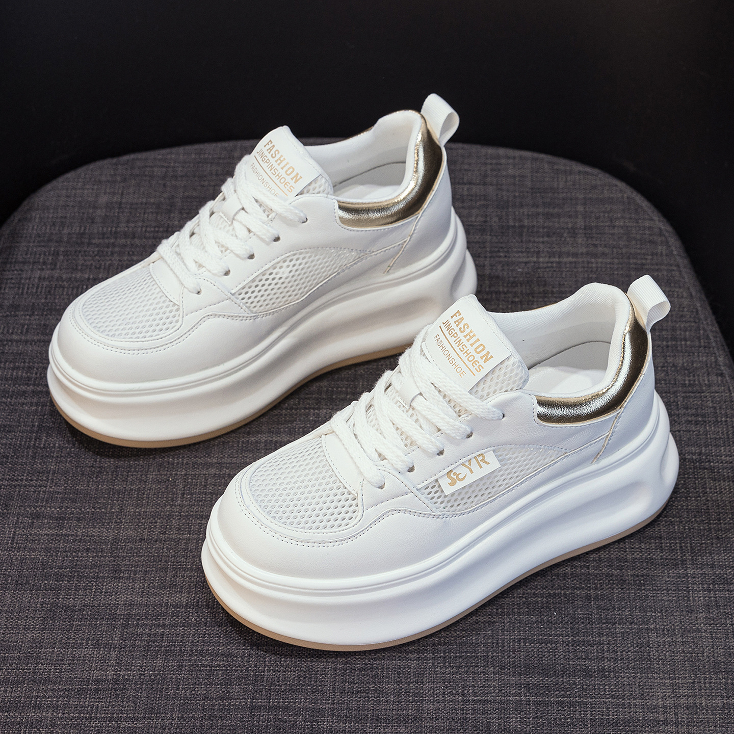 Giày sneaker nữ đế dày da PU trắng phong cách thể thao — Bạc 5056, Vàng 5056