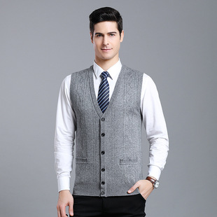 Men's wool blended V-neck knitted cardigan vest sweater color matching casual all-match sleeveless vest