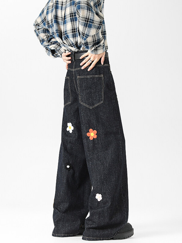 小花刺繍ジーンズメンズ 2025 夏新アメリカンレトロトレンディブランドルーズストレートワイドレッグカジュアルパンツ|undefined