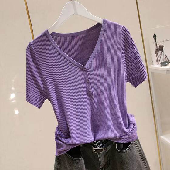 Ice Silk Short-sleeved T-shirt Women's Knitted Sweater 2023 Summer New Fashionable All-match Thin V-neck Slim Base Top for Outer Wear