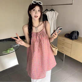 韩系甜美风粉色格子背心吊带连衣裙子女2025新款夏日设计感吊带裙