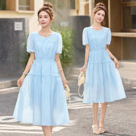清新洋气减龄蓝色短袖连衣裙女2025夏季新款抽绳收腰显瘦休闲裙子