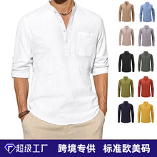 2025新款亚马逊男装纯棉纯色高级感男式白色衬衫休闲风宽松亨利衫