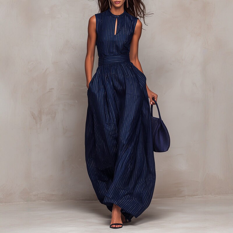 2026 New European and American Style Dark Blue Striped Sleeveless Waist-Cinching Wide-Leg Jumpsuit for Women, Long and Elegant Fashion Cross-Border Women's Clothing