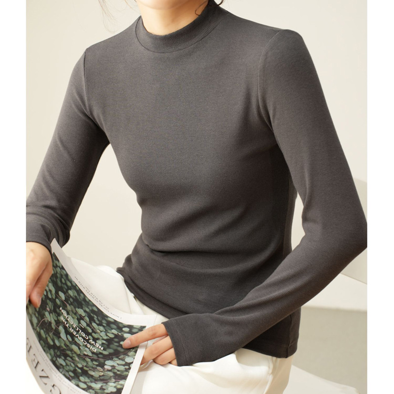 优棉螺纹长袖T恤女2025秋冬新款气质修身显瘦上衣女士打底衫A6682|undefined
