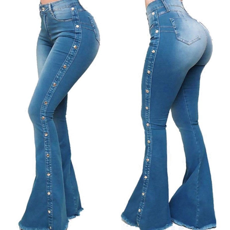 امرأة اليومي شارع ملابس الشارع اللون الصامد مكتمل الطول زر سروال واسع جينز display picture 10