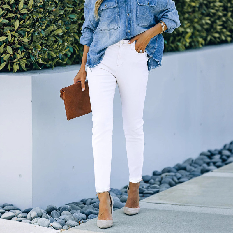 Cross-Border In-Stock European and American White Denim Skinny Pants Shein In-Stock Ebay Foreign Trade Tk Us Local Warehouse Dropshipping